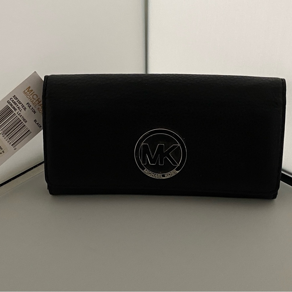 Michael Kors Black Leather Fold-Over MK Emblem Wallet, NWT